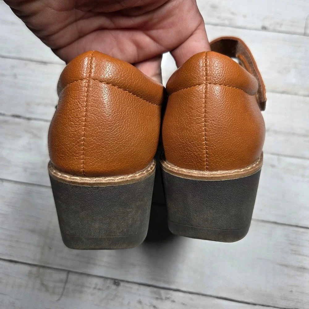 EuroSoft Franlee Mary Jane Wedge Shoe Women 7 Cognac Brown Faux Leather Platform